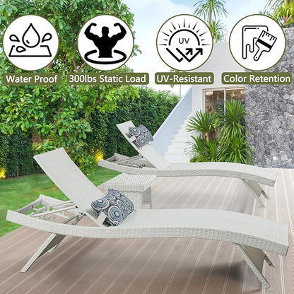 Outdoor Wicker Reclining Lounge Chair, 79" Rattan Patio Chaise Lounges for Poolside, Garden, Backyard, Set of 2, 5-Position Adjustable Backrest, Beach Sunbathing Chairs, White