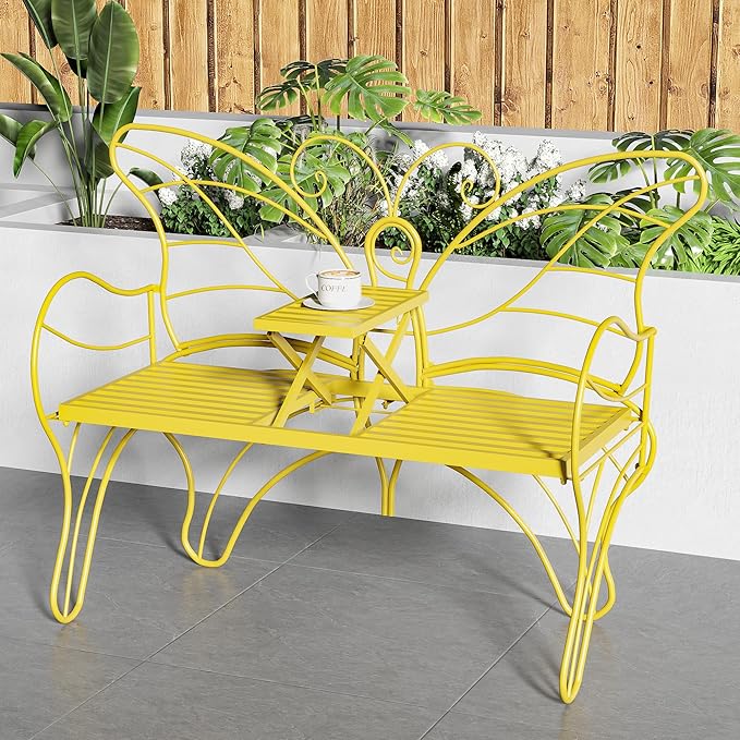 Outdoor Bench Patio Outdoor Garden Bench with Built-in Table, Butterfly Bench for Outside, 3 People Outdoor Bench Garden Bench Front Porch Furniture (Yellow, 49.2inch)