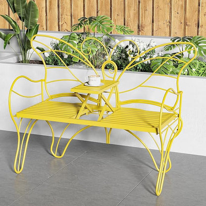 Outdoor Bench Patio Outdoor Garden Bench with Built-in Table, Butterfly Bench for Outside, 3 People Outdoor Bench Garden Bench Front Porch Furniture (Yellow, 49.2inch)