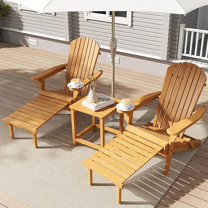 Outdoor Wooden Folding Adirondack Chair with Retractable Ottoman, Wood Patio Chair with Footrest for Garden Backyard Porch Pool Deck Firepit