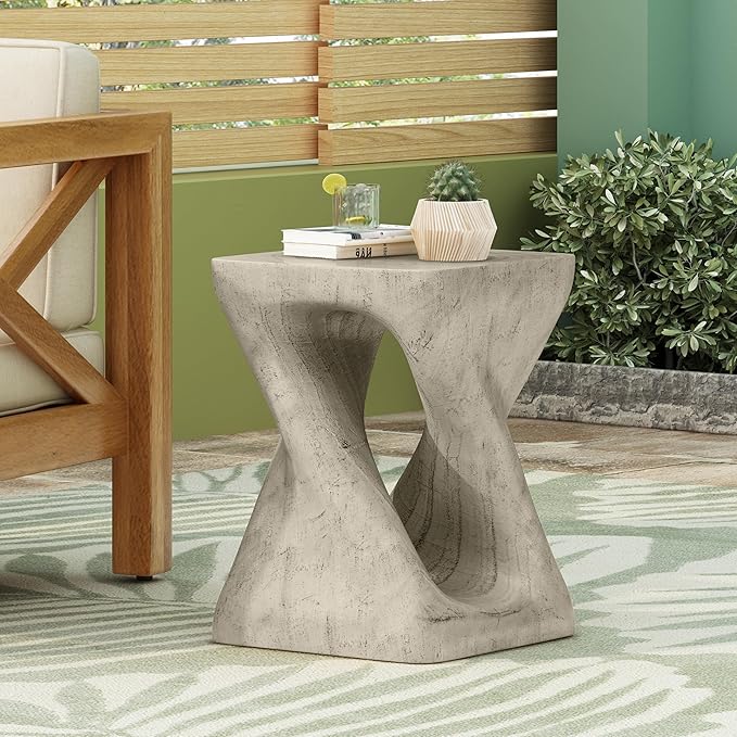 Faux Concrete Side Table Outdoor Patio Square Side Table Faux Stone End Table Small Coffee Table Faux Wood Stump Accent Tables, Garden Stool Plant Stand for Porch, Backyard Grey