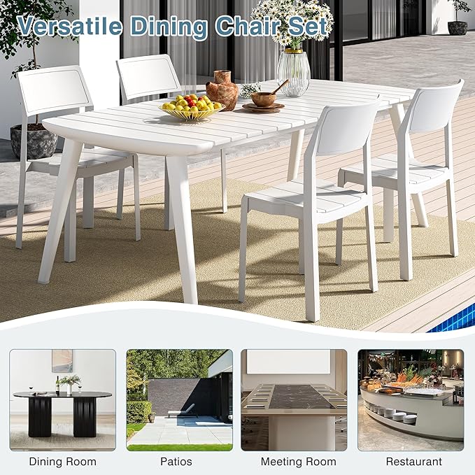 VECELO 4 Pack Stackable Dining Chairs, Plastic Patio Chairs for Indoor Outdoor Use in Kitchen, Poolside, No Assembly, Modern White