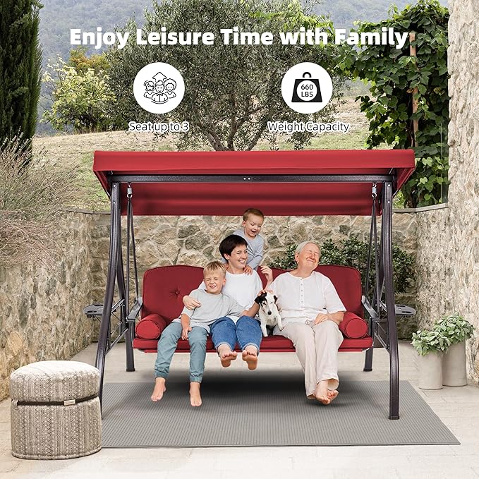 HOMREST 3 Seat Outdoor Porch Swing with 1.5" Deepened Cup Holder, Adjustable Canopy, Patio Swing Bed with Stand - Photo 6