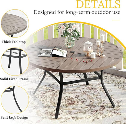 VICLLAX Round Patio Table with Adjustable Umbrella Hole for 6, All Weather Metal Outdoor Dining Table for Lawn Garden, 50" Outdoor Coffee Table, Grey Wood-Like Tabletop