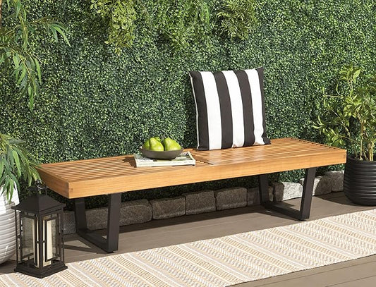 SAFAVIEH Outdoor Patio Furniture Heather Natural Brown Solid Wood & Black Legs 60-inch Steel Bench