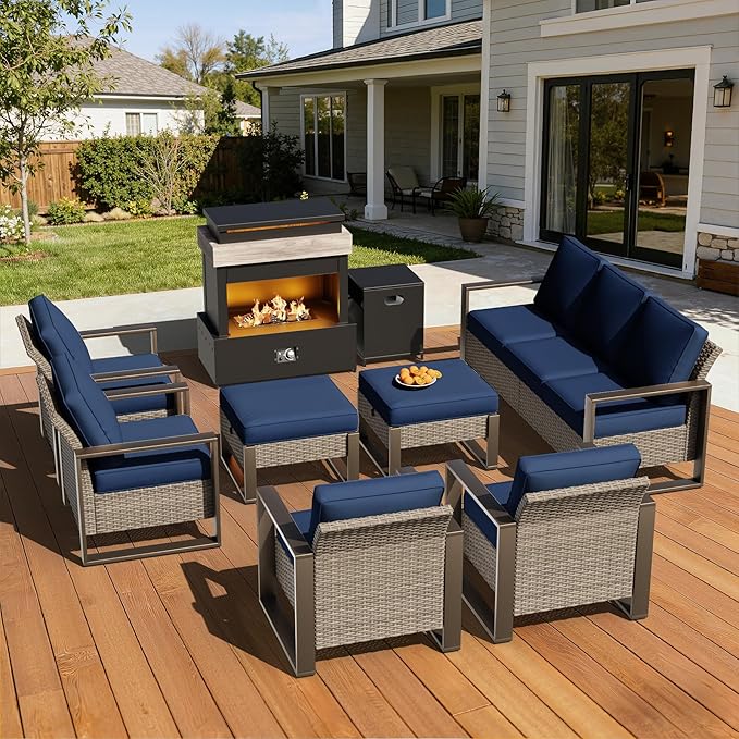 8 Pieces Metal Wicker Patio Furniture Set - 75" Sofa, Four Armchairs and Two Ottomans, One Fireplace All Weather Rattan Outdoor Conversation Furniture with Washable Cushion for Deck Porch, Dark Blue