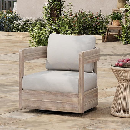 Christopher Knight Home Telluride Outdoor Acacia Wood Swivel Club Chair with Removable Cushion, 360° Rotating Patio Armchair for Garden, Balcony, or Poolside Seating, Beige + Light White