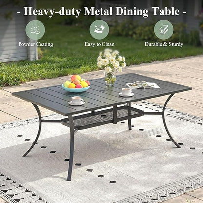 Outdoor Dining Table for 6, 59.2" Rectangle Outdoor Table with Adjustable Umbrella Hole and Storage Shelf, All-Weather Metal Patio Dining Table for Lawn Garden Backyard Deck, Black