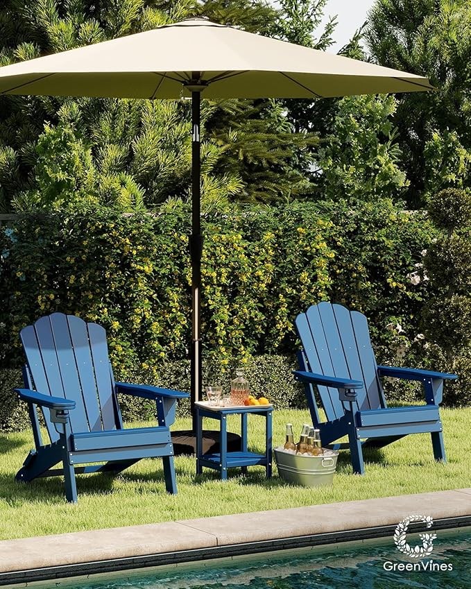 GREENVINES Oversized-Folding-Adirondack-Chairs-Set-of-4 | HDPE Plastic | Cup Holder | Fire Pit Chair | All Weather | for Outdoor Deck Backyard | Blue