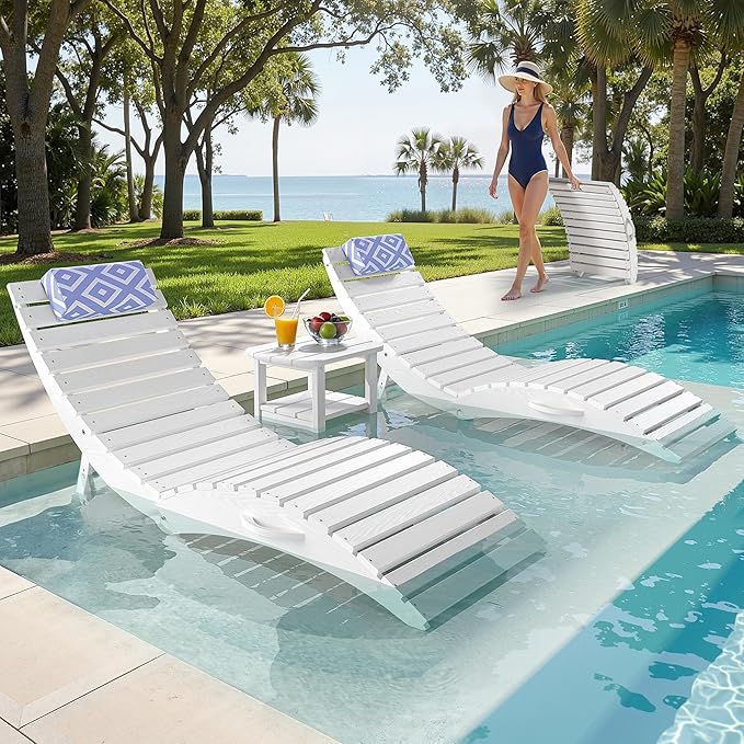 nalone Folding Pool Lounge Chairs Set of 2, HDPE Outdoor Pool Chaise Lounge with Pillow, Pre-Assembled Tanning Chairs with Wheels for Pool Beach Patio (2, White)
