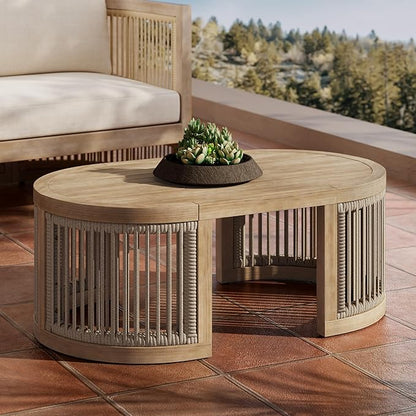 Christopher Knight Home Buekaz Outdoor Acacia Wood Coffee Table with Woven Rope Accents, Outdoor Patio Slatted Oval Centerpiece, Boho Chic Garden Sofa Side Accent Table for Modern Decor, Light Teak