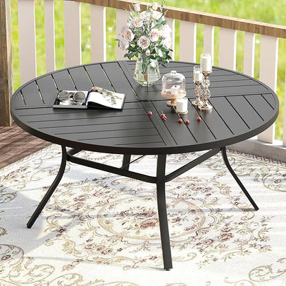 VICLLAX Round Patio Table with Adjustable Umbrella Hole for 8, All Weather Metal Outdoor Dining Table for Lawn Garden, 59.8" Outdoor Coffee Table, Black Tabletop