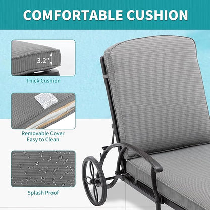 HOMEFUN Chaise Lounge Chair Outdoor - Poolside Chairs Set of 2 with Cushion Cast Aluminum Waterproof Lounger with Wheels and Adjustable Reclining, Pack of 2 (Gray Cushion)