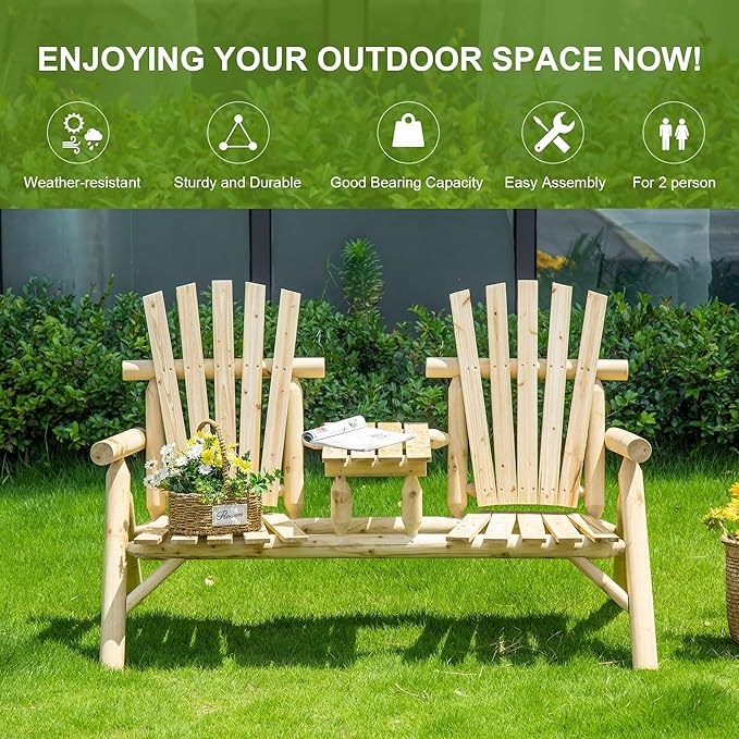 Outsunny 2-Seat Wooden Adirondack Chair, Patio Bench with Table, Outdoor Loveseat Fire Pit Chair for Porch, Backyard - Photo 7