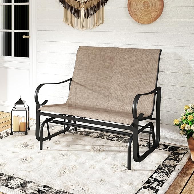 Tangkula Patio Gilder Bench, 2-Person Fabric Rocking Chair with High Backrest, Curved Armrests and Heavy-Duty Metal Frame, Outdoor Swing Loveseat for Porch, Garden and Backyard