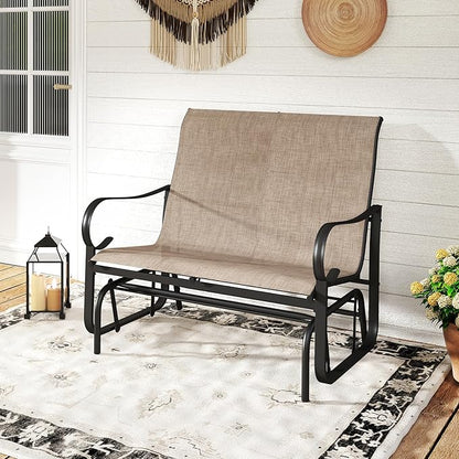 Tangkula Patio Gilder Bench, 2-Person Fabric Rocking Chair with High Backrest, Curved Armrests and Heavy-Duty Metal Frame, Outdoor Swing Loveseat for Porch, Garden and Backyard