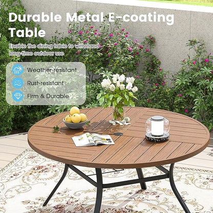 Patio Dining Table for 6-8, Round Metal Outdoor Table with Storage Shelf, 1.57" Umbrella Hole, 53" Outdoor Quartered Tabletop Dining Table for Backyard, Porch, Lawn, Walnut