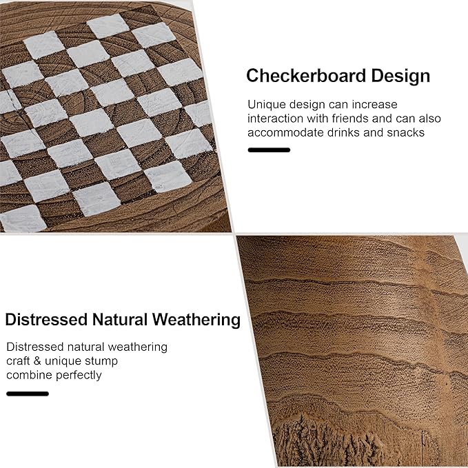 HOMPUS Outdoor Side Table with White Checkerboard Grain Tabletop Mushroom Shaped MgO Lightweight End Tables Modern Vintage Patio Accent Table for Indoor Outdoor Use, Brown & White