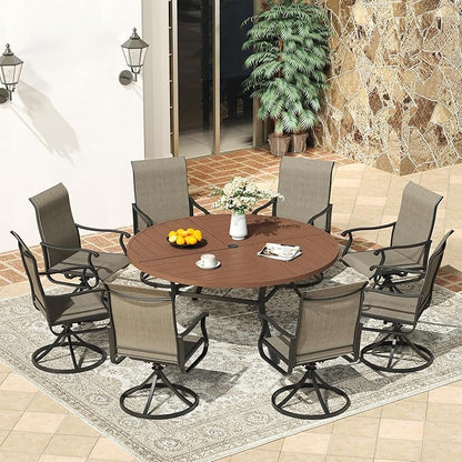 VICLLAX 60" Round Patio Dining Table for 8-10, All Weather Metal Outdoor Table with 1.57" Umbrella Hole and Surdy Frame for Garden Lawn Deck, Walnut