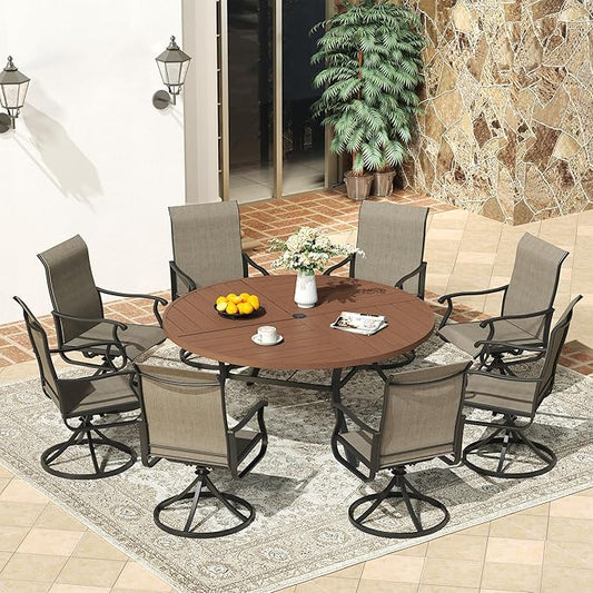 VICLLAX 60" Round Patio Dining Table for 8-10, All Weather Metal Outdoor Table with 1.57" Umbrella Hole and Surdy Frame for Garden Lawn Deck, Walnut