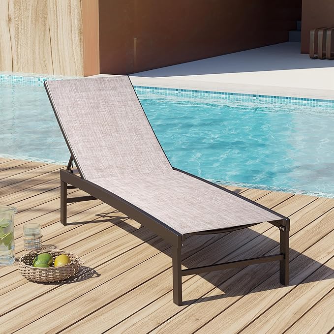 Patio Aluminum Chaise Lounge Chair, Outdoor Recliner Lounge Chair Sun Loungers, All Weather Chaise with 5 Adjustable Backrest and Lay Flat Positions for Garden, Balcony, Pool