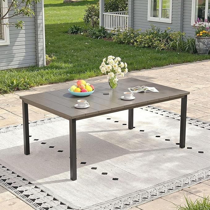 Outdoor Dining Table for 6, 63" Rectangle Outdoor Table with Adjustable Umbrella Hole, All-Weather Metal Patio Dining Table for Lawn Garden Backyard Deck, Grey