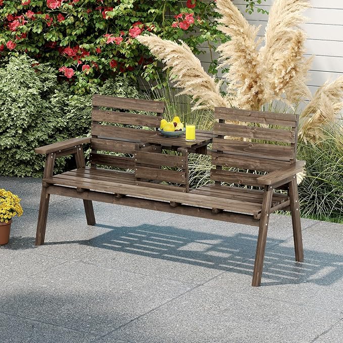 HAPPYGRILL Outdoor Fir Wood Bench with Foldable Middle Table, 2-3 Person Patio Garden Bench with Armrests and Backrests - Photo 2