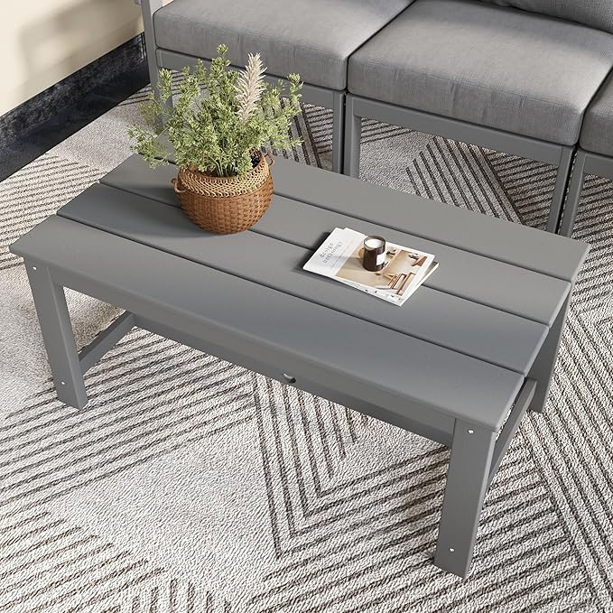 37.6 Inch HDPE Patio Coffee Table, Weather-Resistant Outdoor Coffee Table Easy Assembly for Lawn, Garden, Balcony, Deck, Backysrd (Grey)