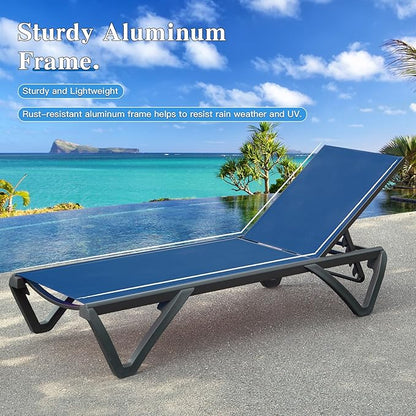 Domi Pool Lounge Chairs Set of 2, Aluminum Adjustable Outdoor Chaise Lounge with Wheels, All Weather Poolside Chairs for Deck Lawn Patio Backyard, Textilene - Navy Blue