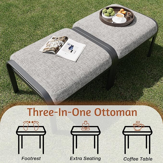 HOMREST Metal Outdoor Ottoman, 3-Piece Aluminum Footstool w/Removable Cushion - Photo 7