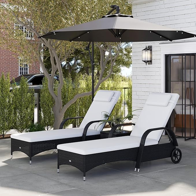 Outsunny Wicker Outdoor Chaise Lounge Chair Set of 3 with Side Table, 5-Level Adjustable Backrest PE Rattan Pool Lounge Chair with Wheels, Cushion & Headrest, Black and Cream White