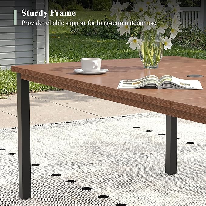 Outdoor Dining Table for 6, 63" Rectangle Outdoor Table with Adjustable Umbrella Hole, All-Weather Metal Patio Dining Table for Lawn Garden Backyard Deck, Walnut