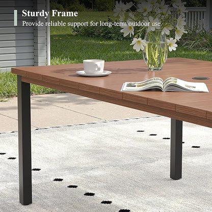 Outdoor Dining Table for 6, 63" Rectangle Outdoor Table with Adjustable Umbrella Hole, All-Weather Metal Patio Dining Table for Lawn Garden Backyard Deck, Walnut
