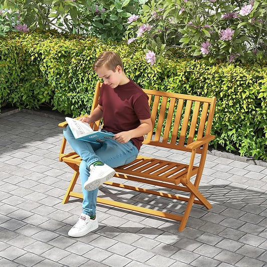 Outsunny Wood Outdoor Bench, 2-Person Foldable Patio Acacia Wood Garden Bench with Backrest and Armrests for Garden, Porch, Park, Balcony, Teak