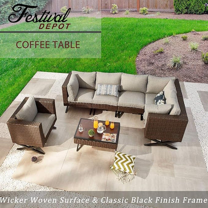 Festival Depot Metal Outdoor Side Coffee End Table Patio Bistro Living Room Dining Table Wood Grain Top Wicker Rattan Furniture with X Shaped Steel Legs Brown Black (Rectangle)