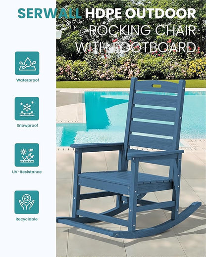 SERWALL Oversized Outdoor Rocking Chair, HDPE Patio Rocking Chair with Footrest for Adults, All Weather Porch Rocker for Deck Patio Balcony, Navy