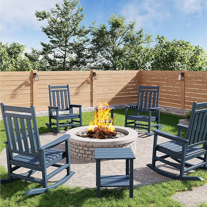 HDPE Rocking Chair Outdoor Set of 4 with 2 Side Table - Poly High Back Porch Rocker Chairs for Adults - All Weather Resistant Furniture for Patio Front Porch - Navy Blue
