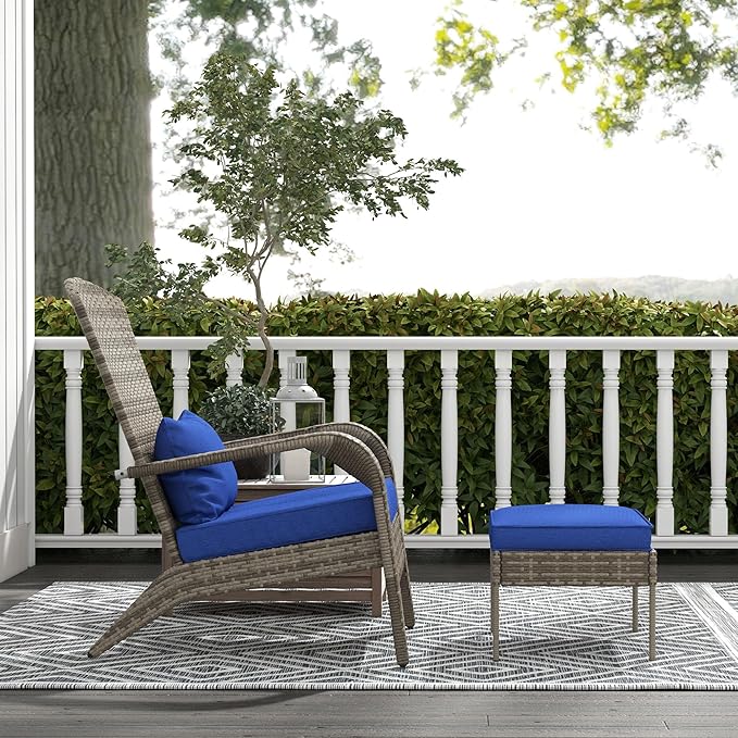 Outsunny Patio Wicker Adirondack Chair with Ottoman, Outdoor Fire Pit Chair with Cushions, High-Back, Large Seat & Armrests for Deck, Garden & Backyard, Dark Blue