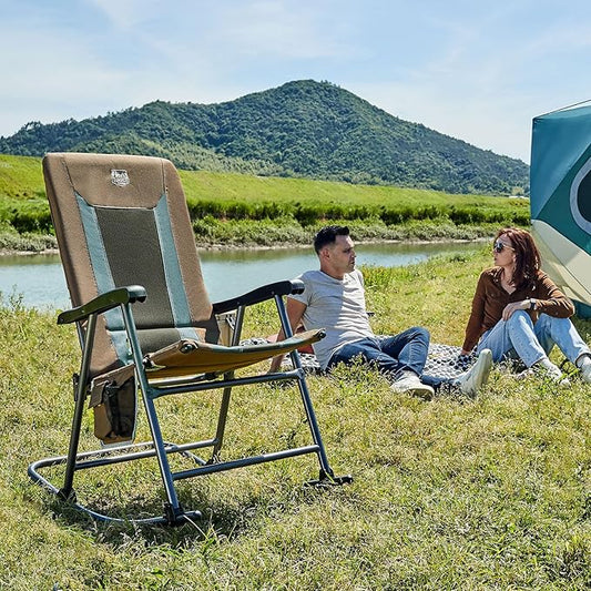 TIMBER RIDGE Outdoor Folding Rocking Chair, 29" Padded High Back Neck & Back Support, Hard Armrests for Easy Stand Up, Stable Steel Frame Supports 300 lb, Quick Fold for Patio, Lawn & RV Camping,Brown
