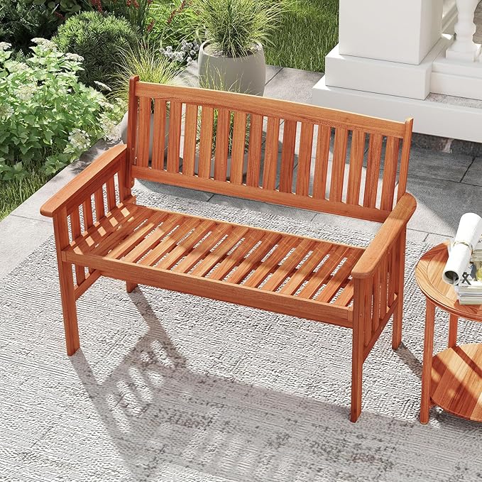 Tangkula Outdoor Wood Garden Bench, 2-Person Patio Park Bench with Backrest, Armrests and Slatted Seat - Photo 5