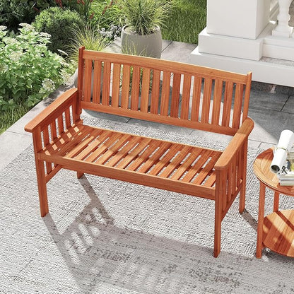 Tangkula Outdoor Wood Garden Bench, 2-Person Patio Park Bench with Backrest, Armrests and Slatted Seat, Outside Loveseat Furniture for Front Porch, Balcony, Deck and Yard