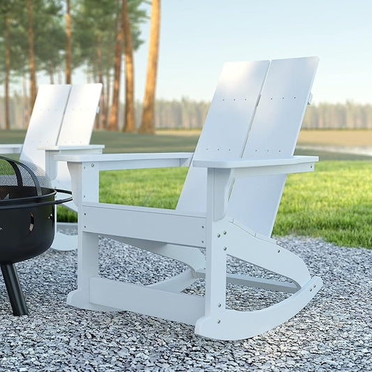 EMMA + OLIVER Harmon Adirondack Rocking Chair - White Poly Resin - Suitable for Indoor/Outdoor Use - All Weather Materials - Easy Assembly - 350 lb. Weight Capacity
