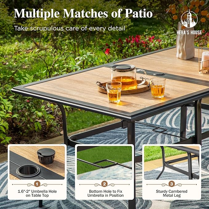 HERA'S HOUSE Patio Dining Table, 60"x38" Rectangle Outdoor Dining Table Top with Umbrella Hole and Metal Steel Frame for Lawn Garden Backyard