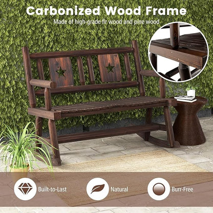 Tangkula Patio Rocking Bench, Carbonized Wood Double Rocker Chair with Ergonomic Seat, 2-Person Solid Wood Rocking Loveseat for Backyard, Porch, Garden, Rustic Farmhouse Style (1, Rustic Brown)