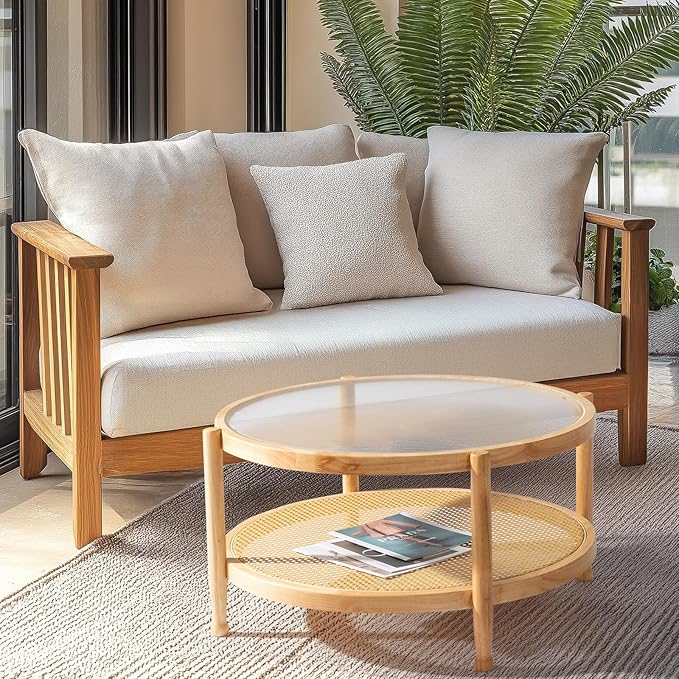 Outvita Outdoor Side Table, Rattan Rubber Wood Coffee Table with Weather - Resistant Coating, Double - Layer Storage, 31.5"x31.5"x 17.3", Easy Assembly for Patio, Garden, Living Room, Bedroom