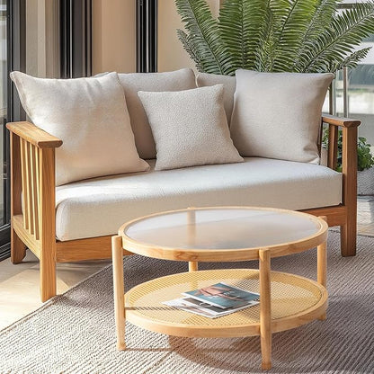 Outvita Outdoor Side Table, Rattan Rubber Wood Coffee Table with Weather - Resistant Coating, Double - Layer Storage, 31.5"x31.5"x 17.3", Easy Assembly for Patio, Garden, Living Room, Bedroom