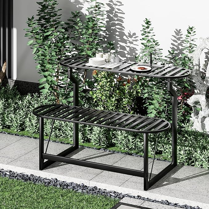 Convertible Bench, 2 in 1 Carbon Steel Picnic Table, Transforming Interchangeable Outdoor Table with Umbrella Hole, for Outside Patio Porch Backyard Park Garden 1 Pack Black Bench