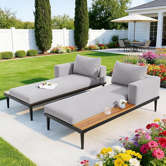 SOFTSEA Outdoor Daybed Patio Metal Frame Daybed with Wood Side Tables, 2-in-1 Convertible Chaise Lounges, Outdoor Loveseat Sofa Set with Cushions for Backyard, Poolside, Grey Natural