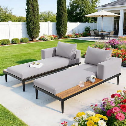 SOFTSEA Outdoor Daybed Patio Metal Frame Daybed with Wood Side Tables, 2-in-1 Convertible Chaise Lounges, Outdoor Loveseat Sofa Set with Cushions for Backyard, Poolside, Grey Natural
