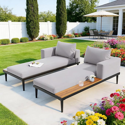 SOFTSEA Outdoor Daybed Patio Metal Frame Daybed with Wood Side Tables, 2-in-1 Convertible Chaise Lounges, Outdoor Loveseat Sofa Set with Cushions for Backyard, Poolside, Grey Natural